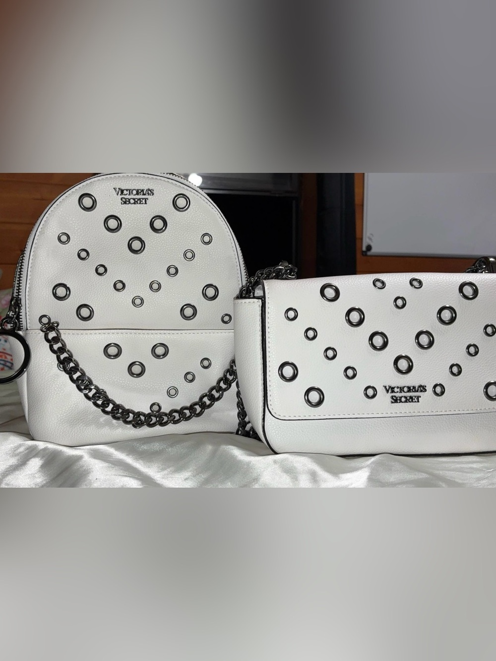 Victoria's Secret White Crossbody & Mini Backpack Set with Black Grommets